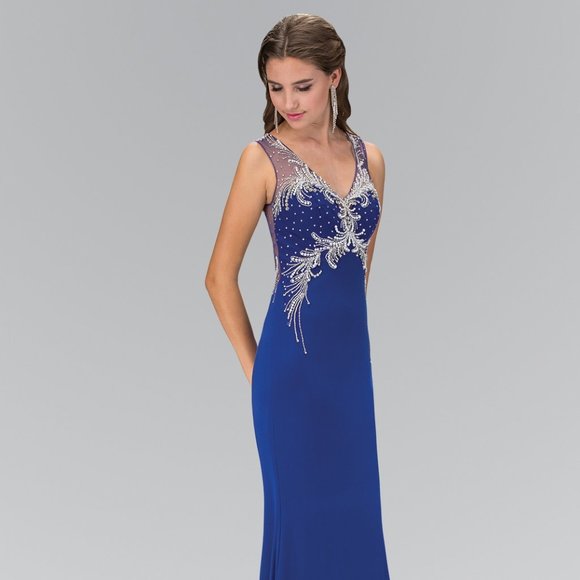 NEW LONG SLEEVELESS JERSEY DRESS WITH V-NECK EMBROIDERED WITH RHINESTONES GL1358 - Picture 1 of 12